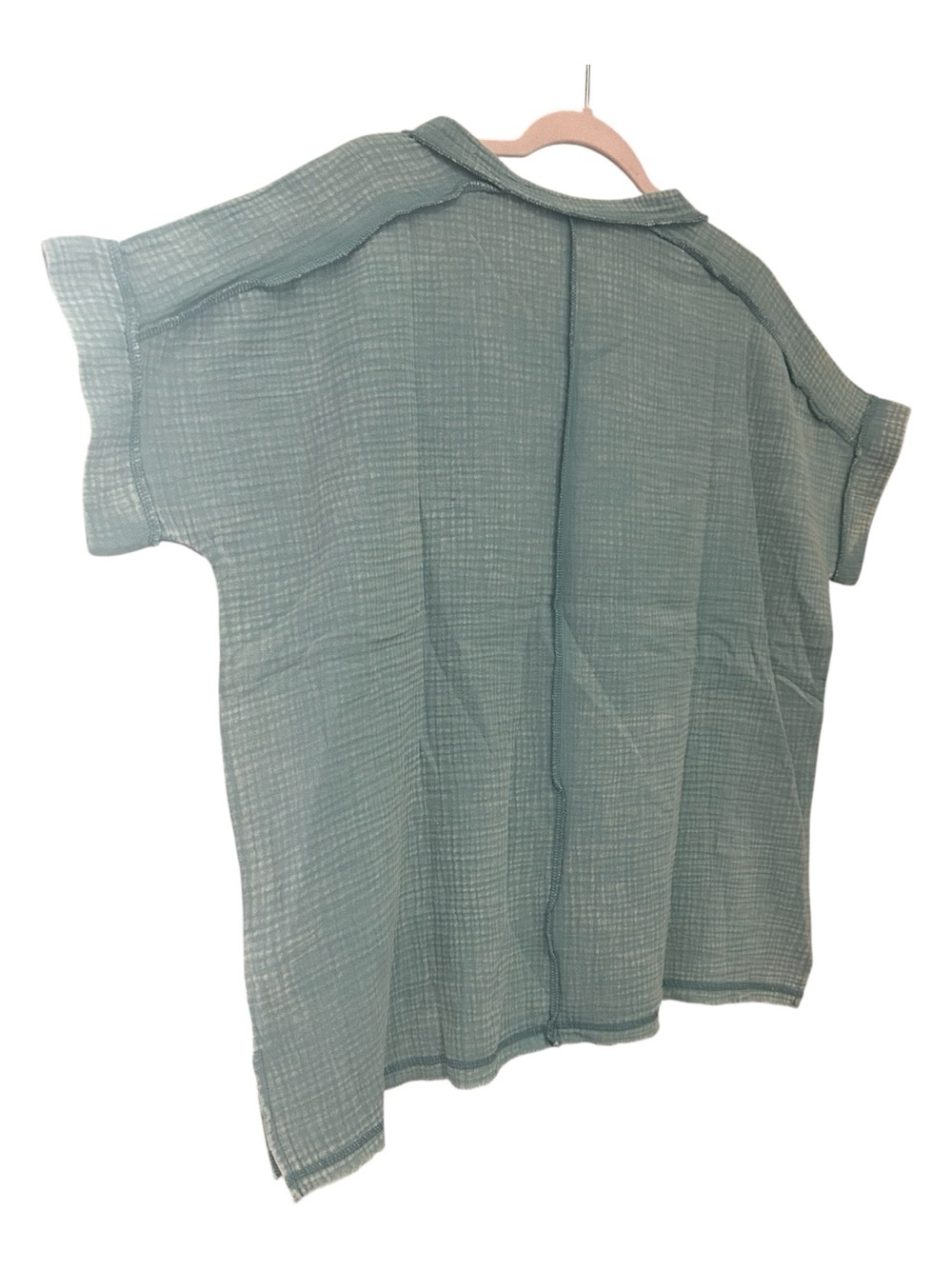 Zenana Dusty Teal Acid Wash Loose Fit Double Gauze Cuffed Top - Picture 5 of 5